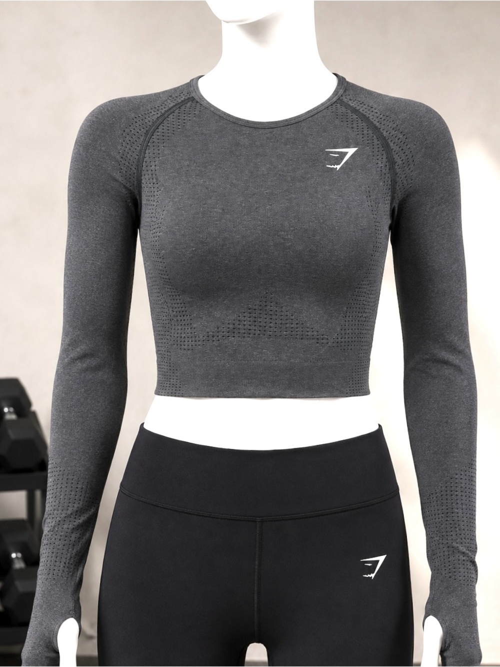 Gymshark Seamless Cropped Long Sleeve Top Thumbholes Gray Small